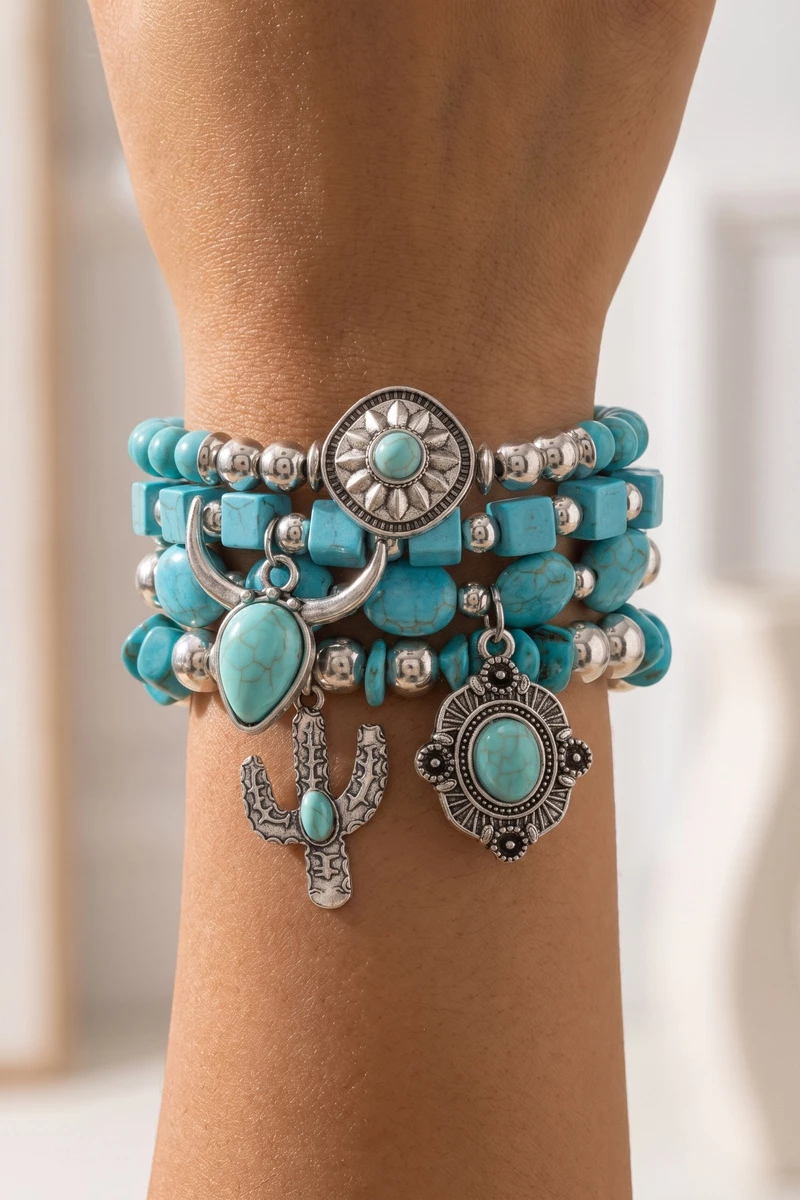 Turquoise Concho Cactus Charm Bracelet Set