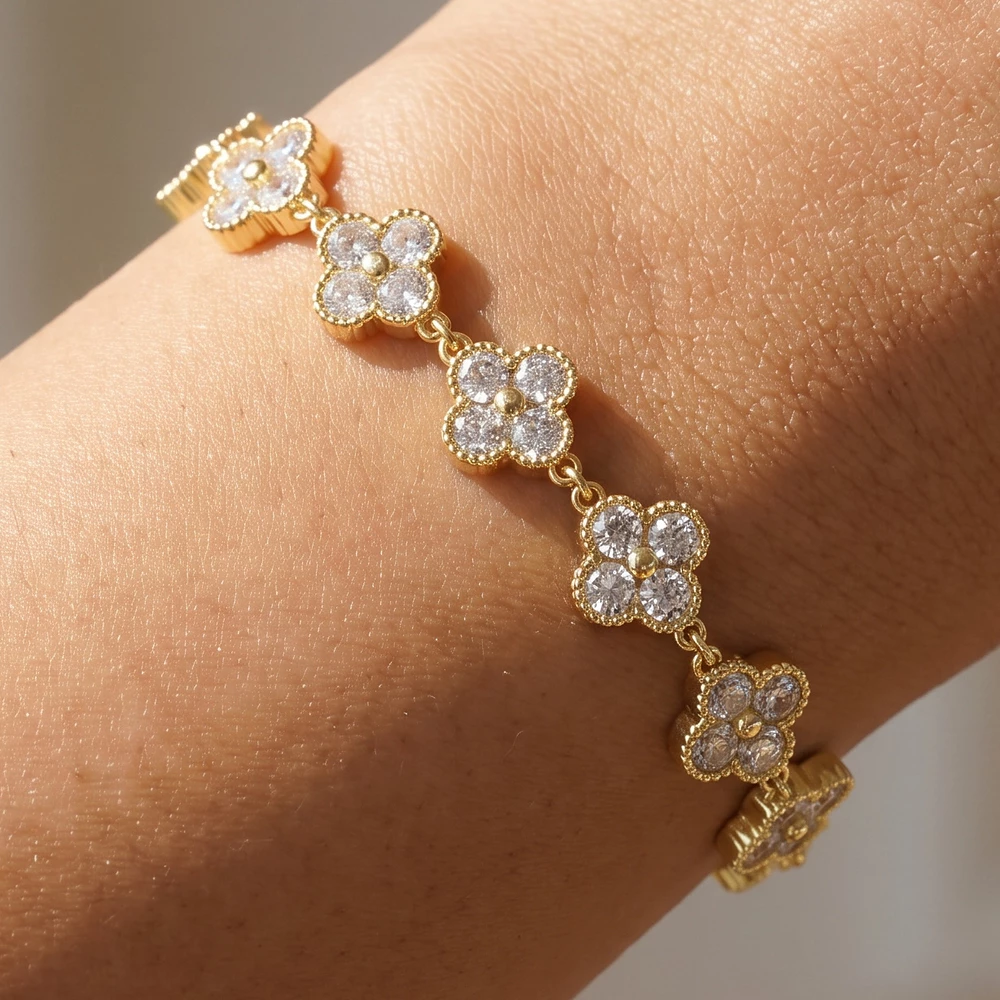 Gold Dipped Rhinestone Clover Station Bracelet