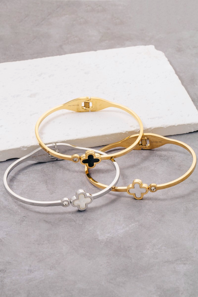 Stainless Steel Clover Open Bangle Bracelet