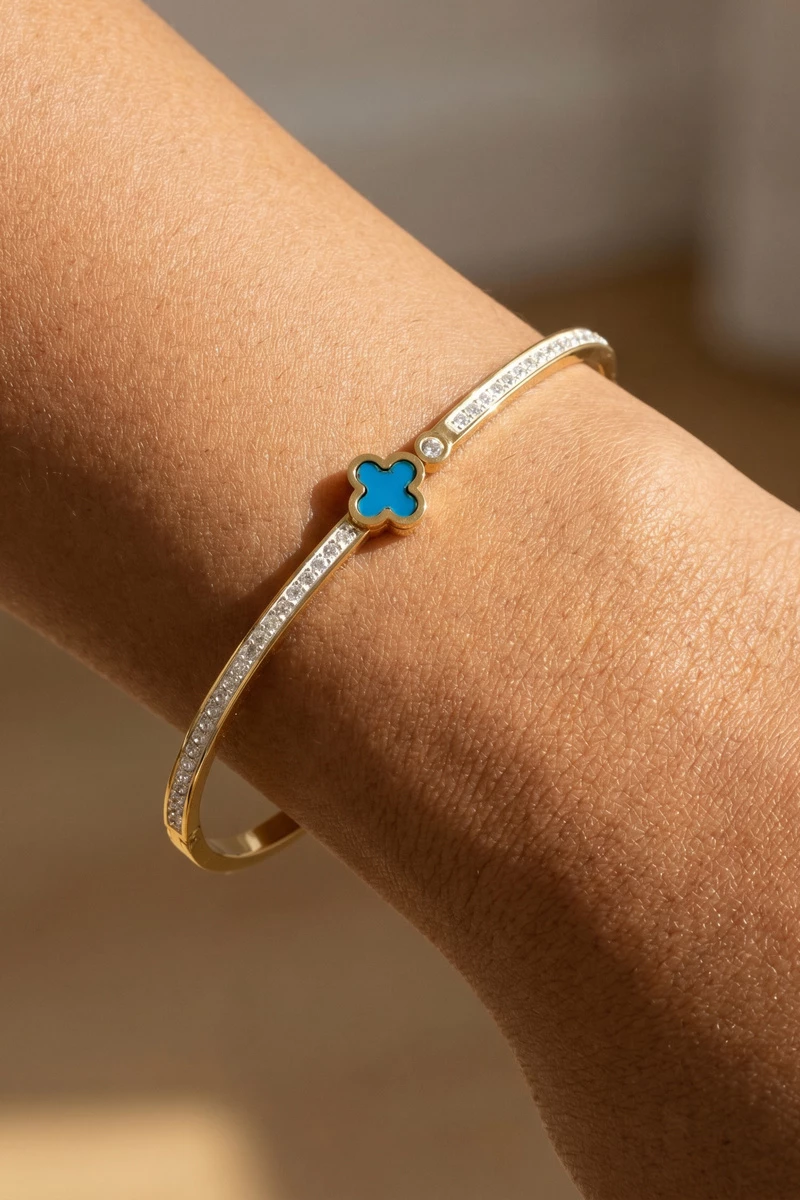 Stainless Steel Crystal Clover Bangle Bracelet