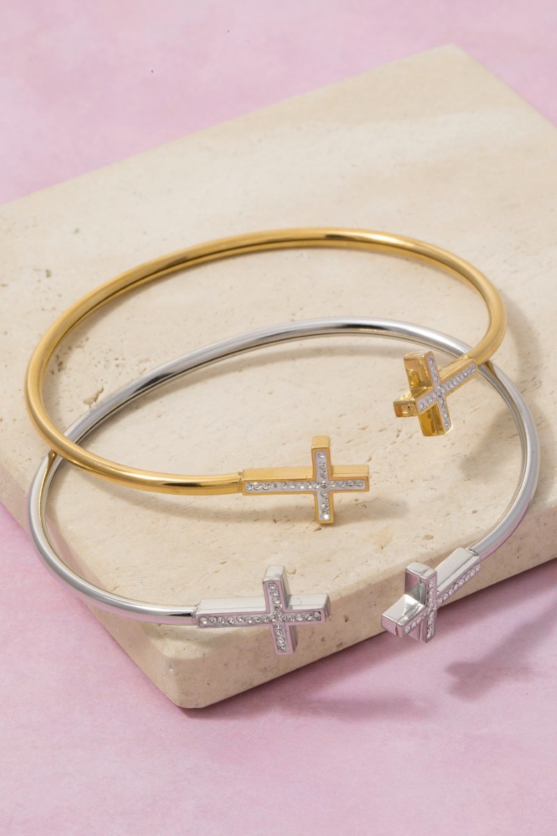 Stainless Steel Double Pave Cross Ends Cuff Bracelet