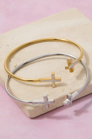 Stainless Steel Double Pave Cross Ends Cuff Bracelet