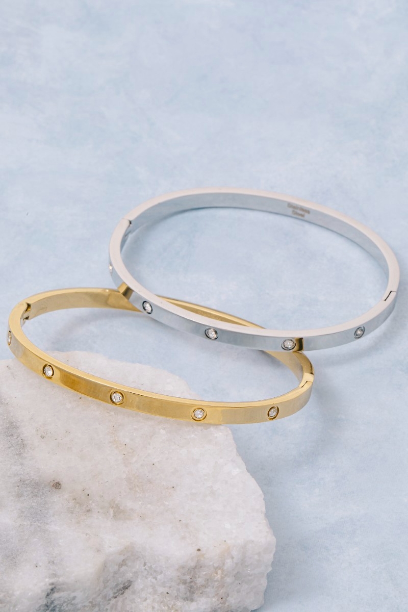 Stainless Steel Cz Studded Gold Plated Bangle Bracelet