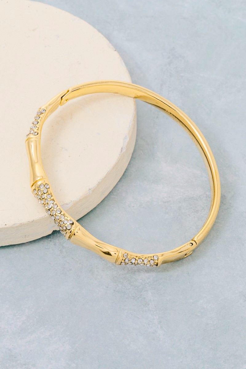 Stainless Steel Pave Bamboo Style Hinge Bangle Bracelet