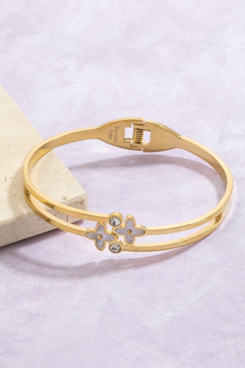 Stainless Steel Double Clover Hinged Bangle Bracelet