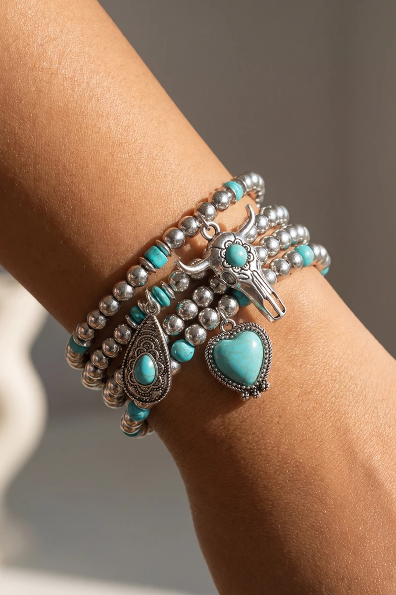 Turquoise Steer Skull Charm Bracelet Set