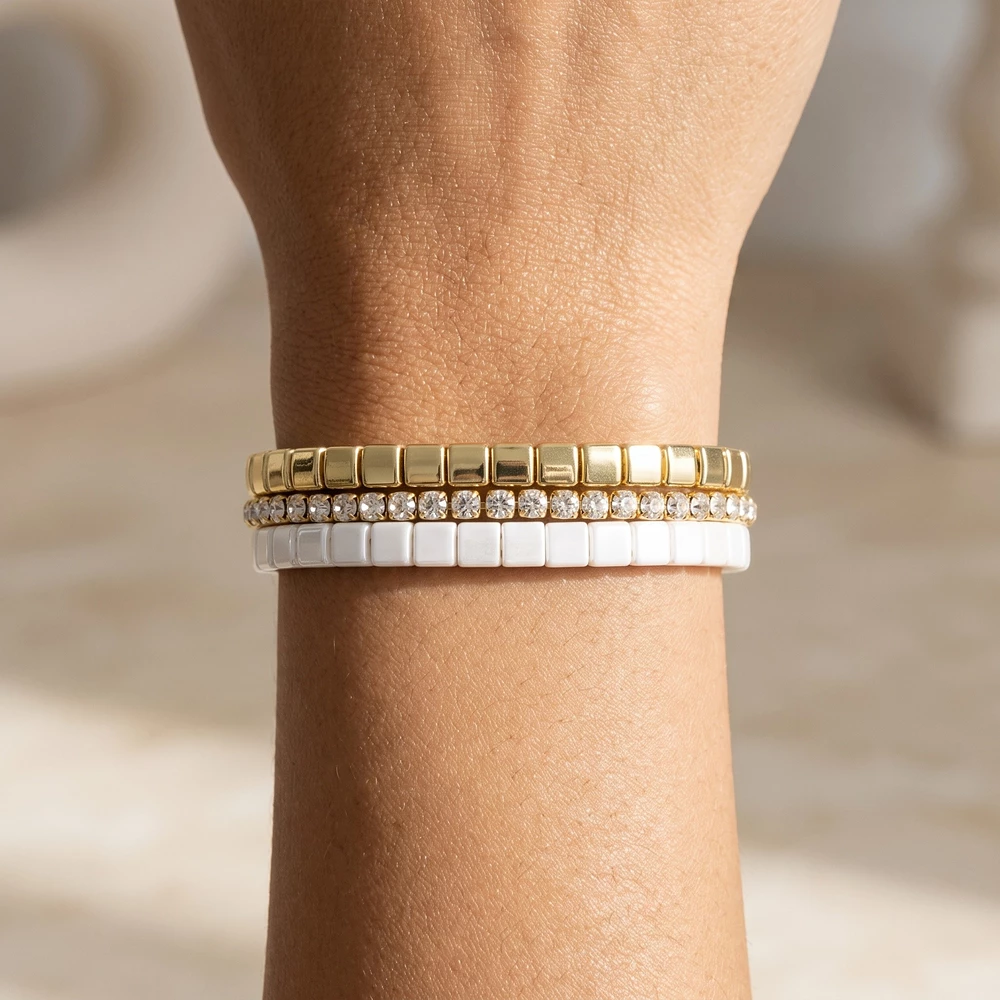 Three Piece Tile Bead Rhinestone Bracelet Set