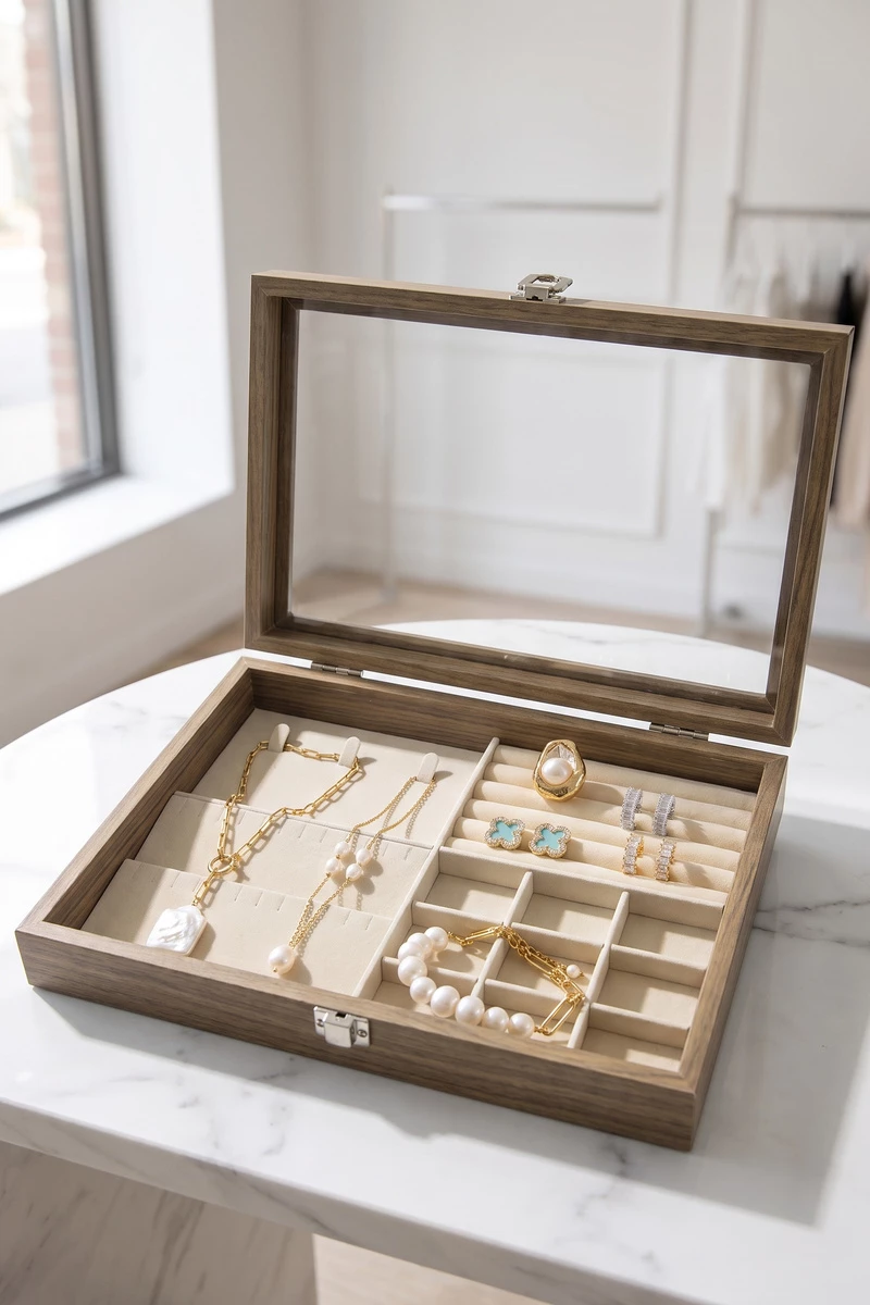 Glass Top Jewelry Display Case With Ring Rows