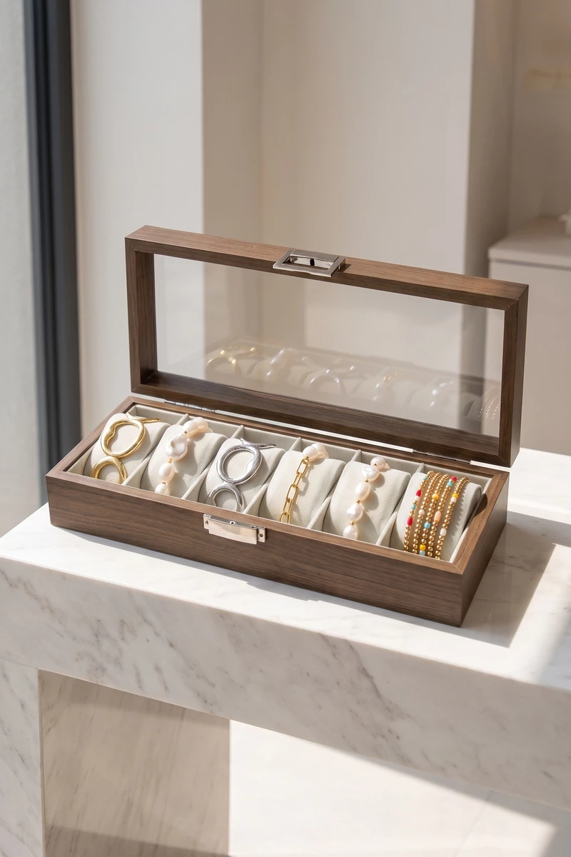 Glass Top Watch Display Case With Compartments