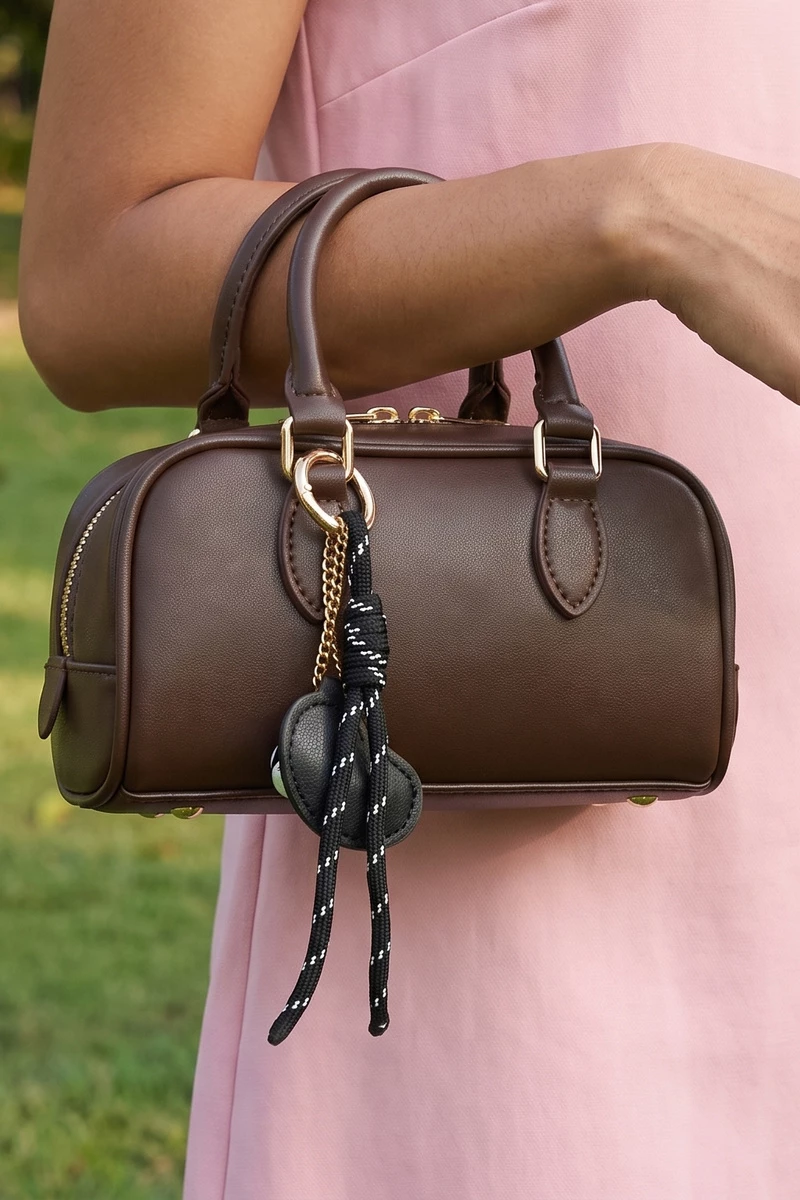 Vegan Leather Mini Boston Bag With Dice Charm