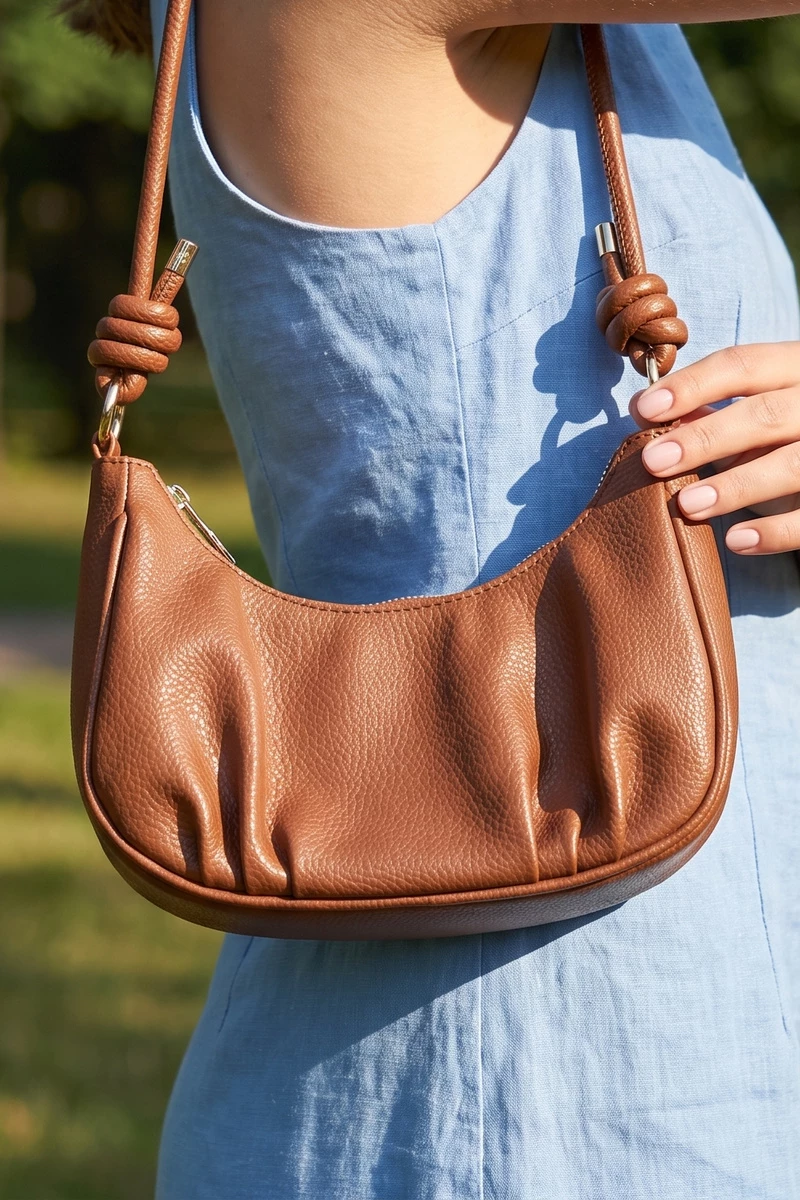 Ruched Crescent Knotted Strap Shoulder Bag