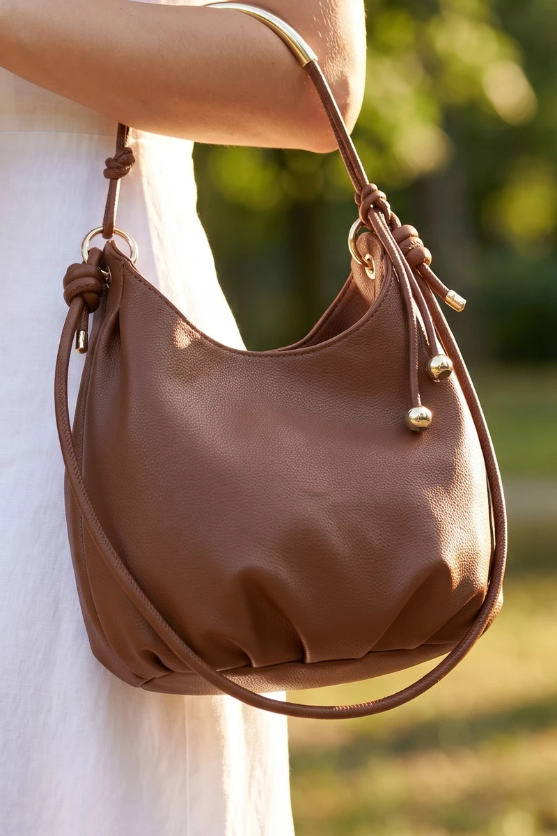 Curved Bar Handle Slouchy Bucket Bag