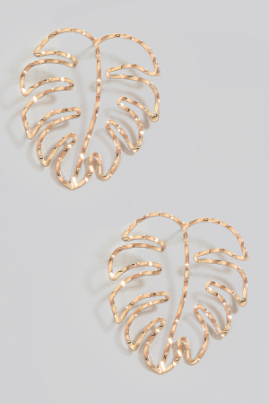 Metallic Warped Monstera Leaf Outline Stud Drop Earrings