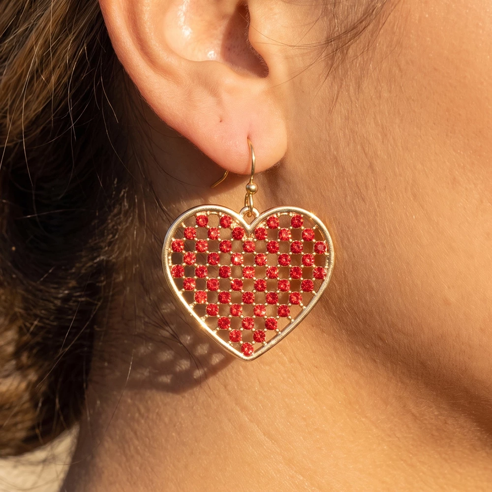 Checkered Rhinestone Heart Drop Earrings