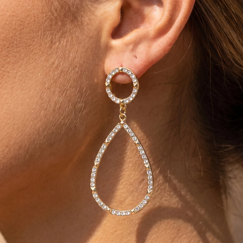 Crystal Pave Circle And Teardrop Drop Earrings