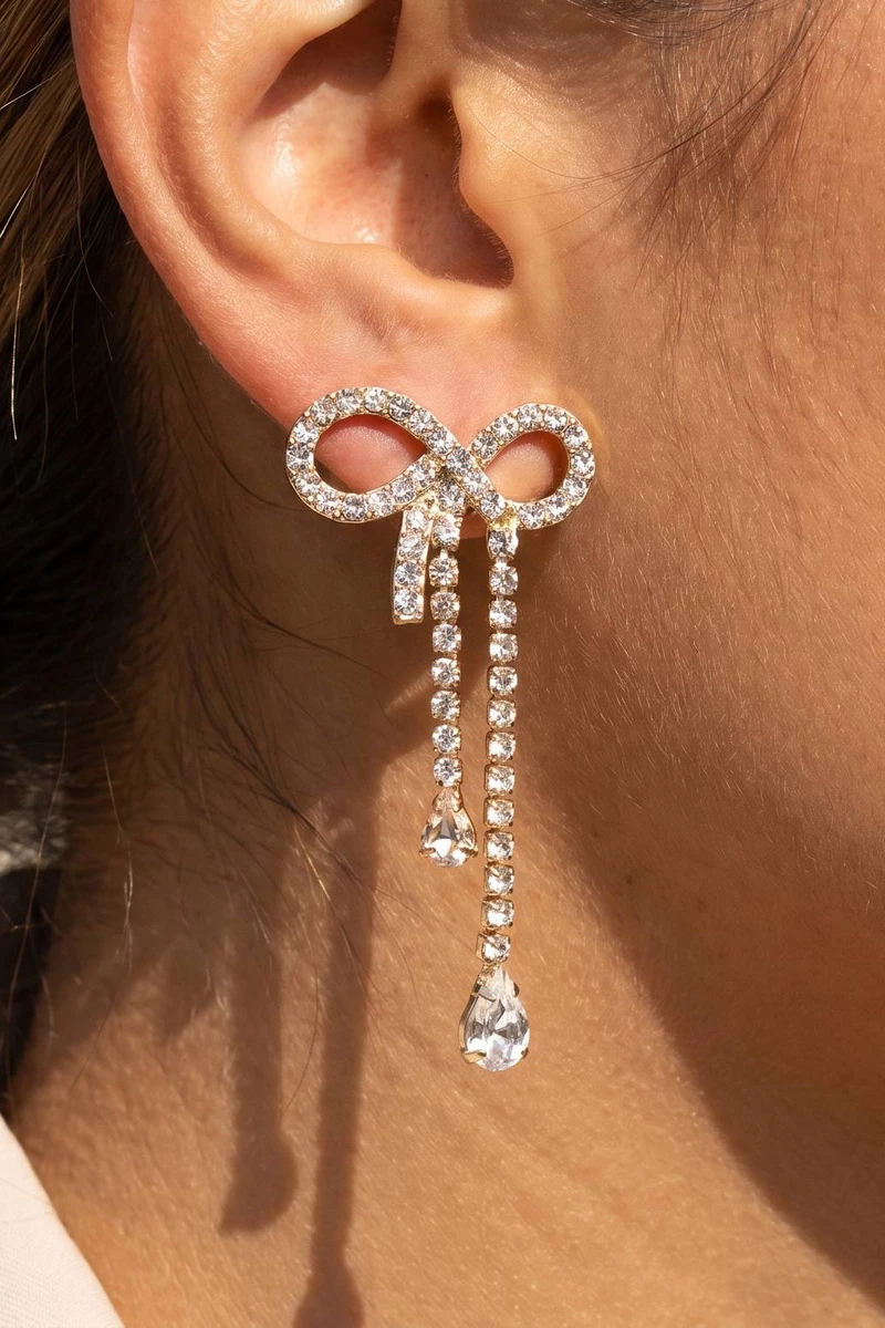 Rhinestone Bow Tassel Teardrop Drop Earrings