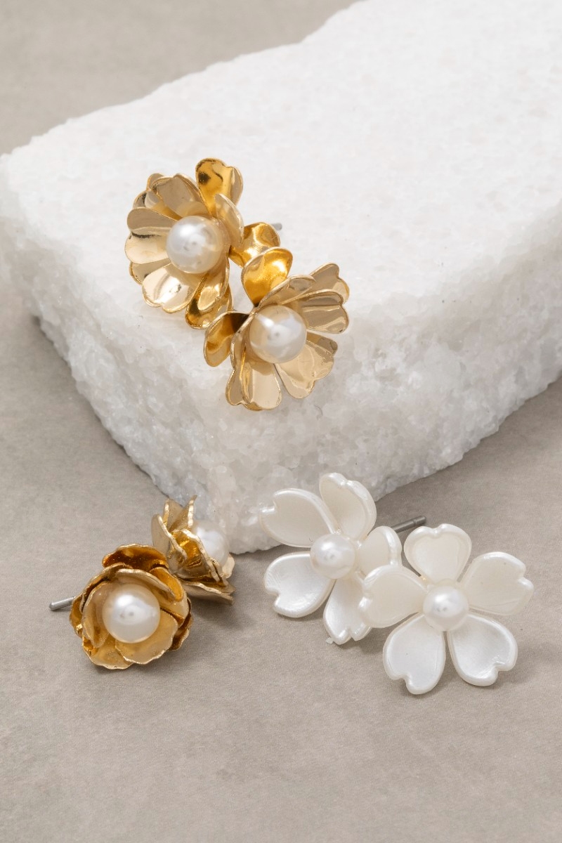 Three Pair Pearl Flower Stud Earrings Set