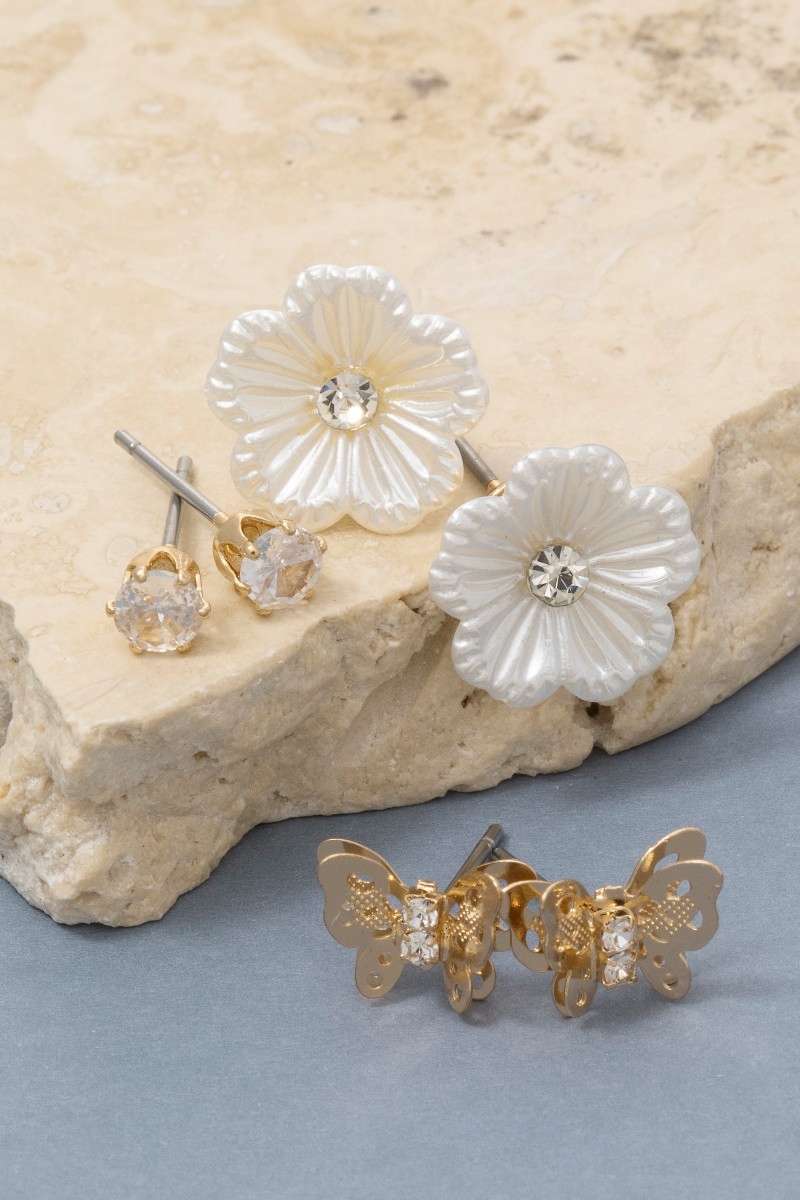 Assorted Three Pair Butterfly And Flower Earring Set
