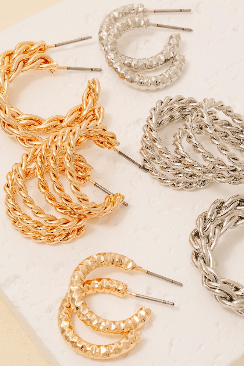 6Pc Two Tone Textured Hoop Earrings Set