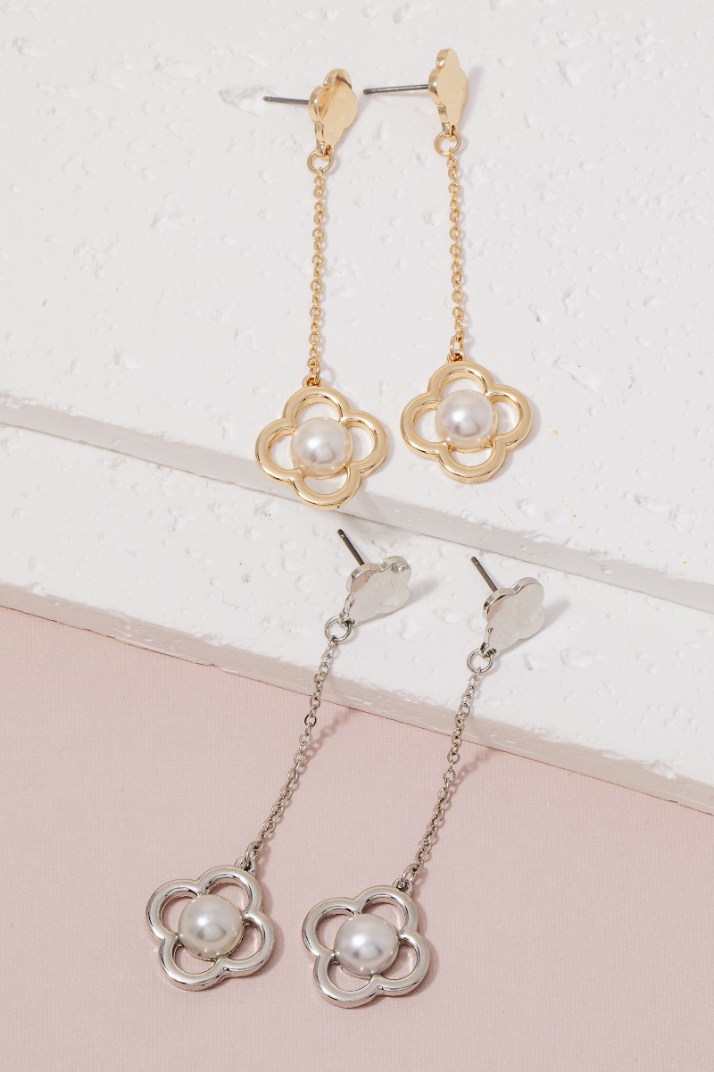 Pearl Stud Clover Chain Dangle Earrings