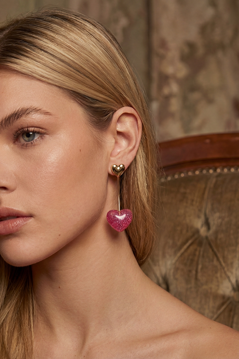 Metallic And Glitter Resin Hearts Dangle Earrings