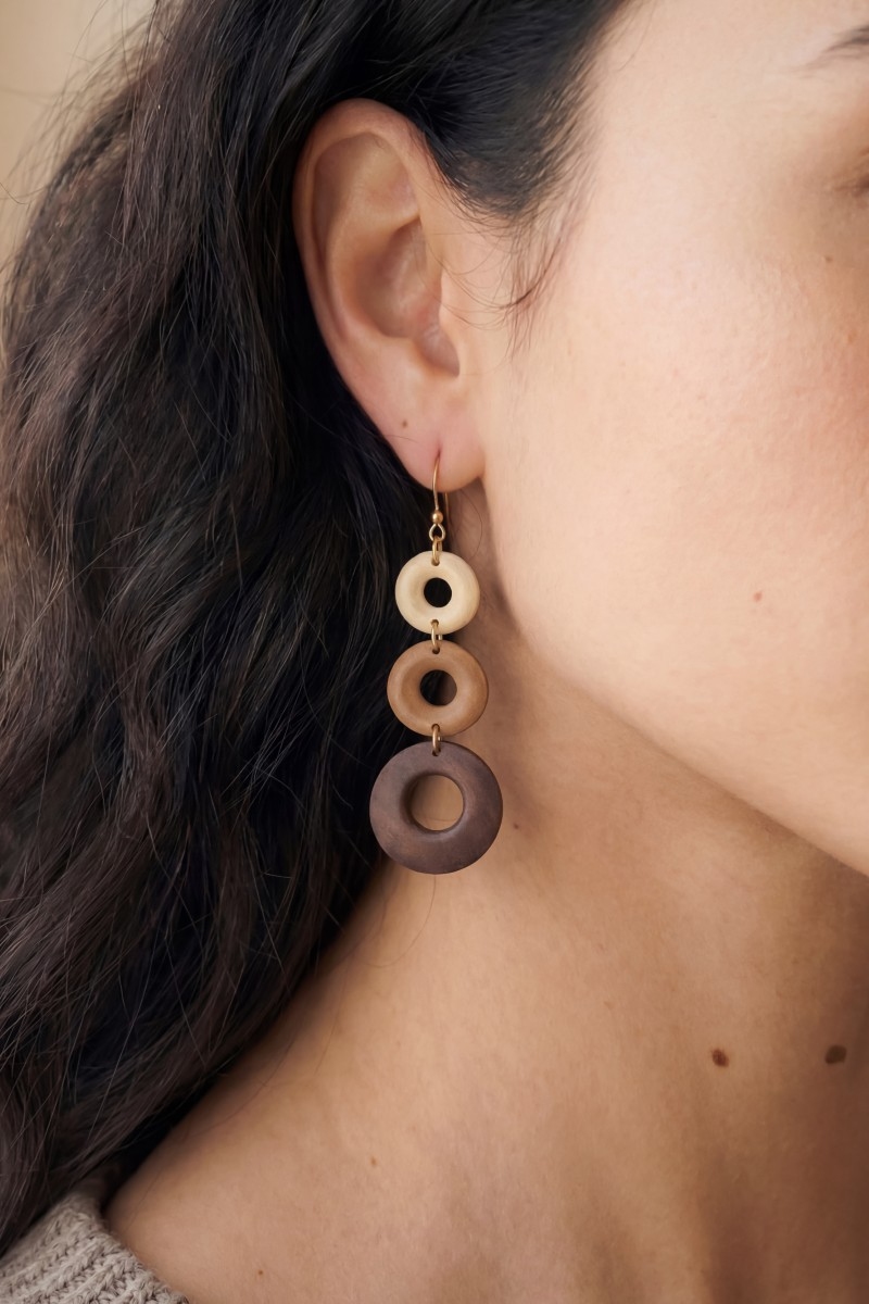 Tiered Multi Tone Wooden Hoop Dangle Earrings