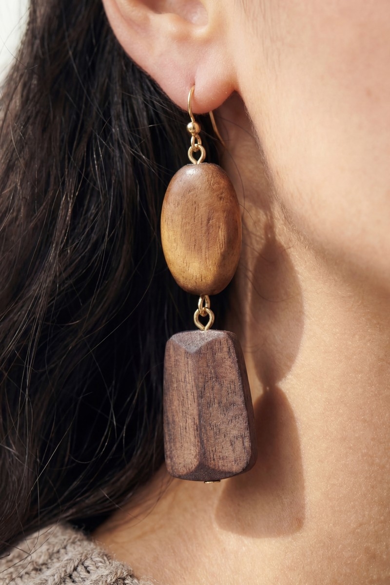 Tiered Chunky Wooden Beads Dangle Earrings