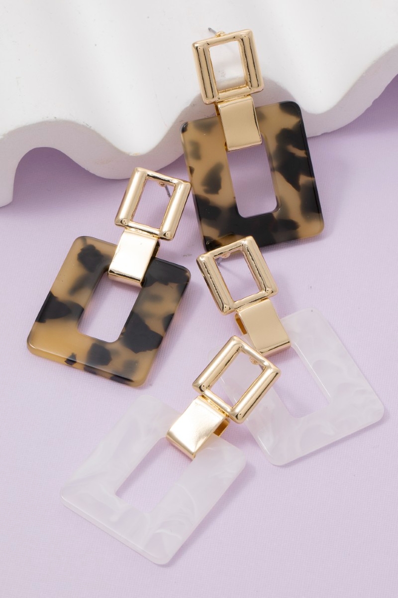Tortoise Shell Rectangle Stud Dangle Earrings