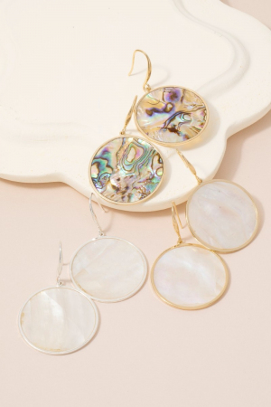 Gold Bezel Circle Shell Drop Earrings
