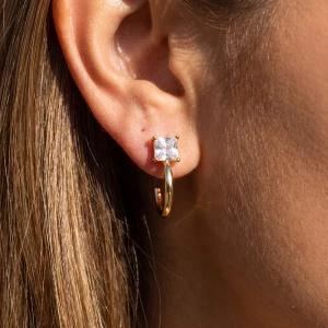 Princess Cut Cz Stud Mini Open Hoop Earrings