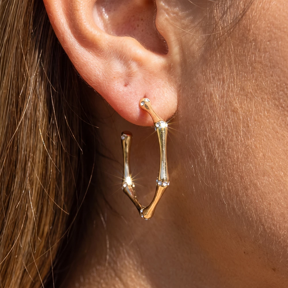 Pave Bamboo Joint Small Open Hoop Earrings