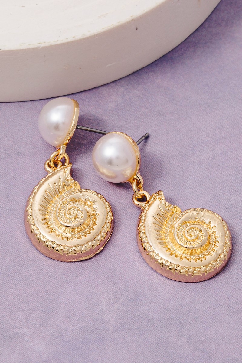 Pearl Stud And Sea Shell Dangle Charm Earrings