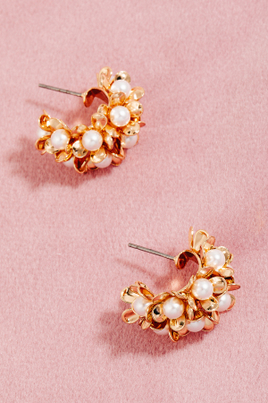 Pearl Beaded Flower Hoop Earrings