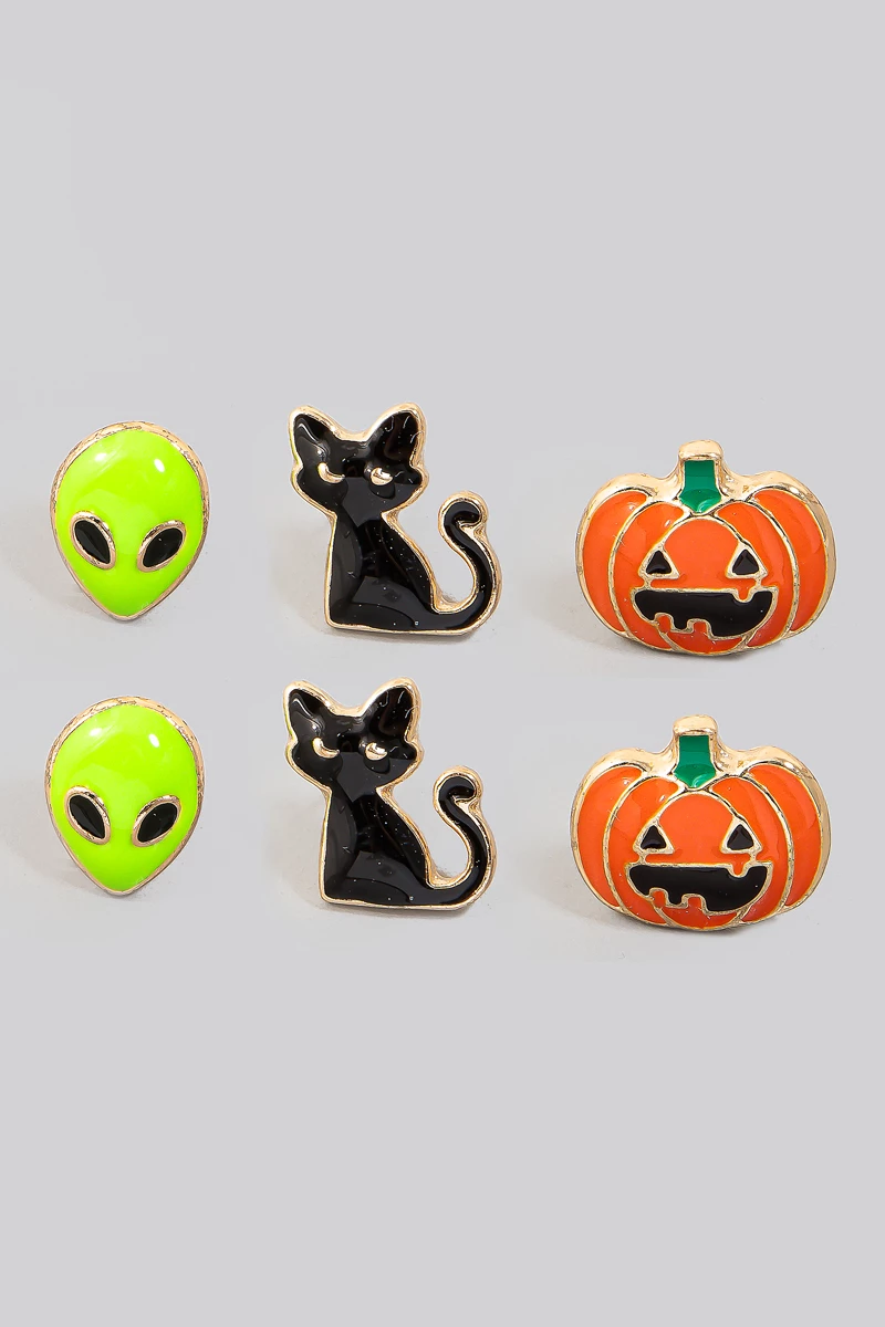 Alien Cat Pumpkin Enamel Halloween Earrings Set