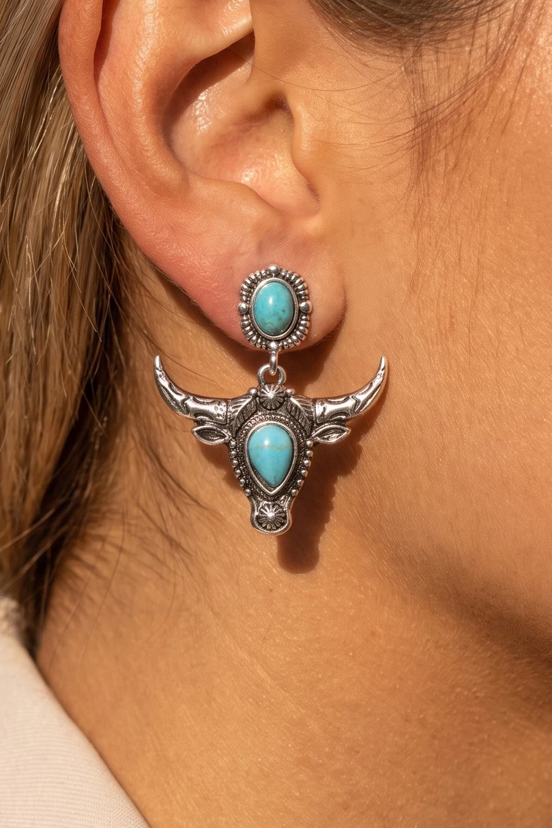 Turquoise Longhorn Steer Head Earrings