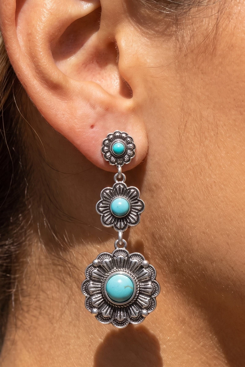 Turquoise Triple Concho Rosette Earrings