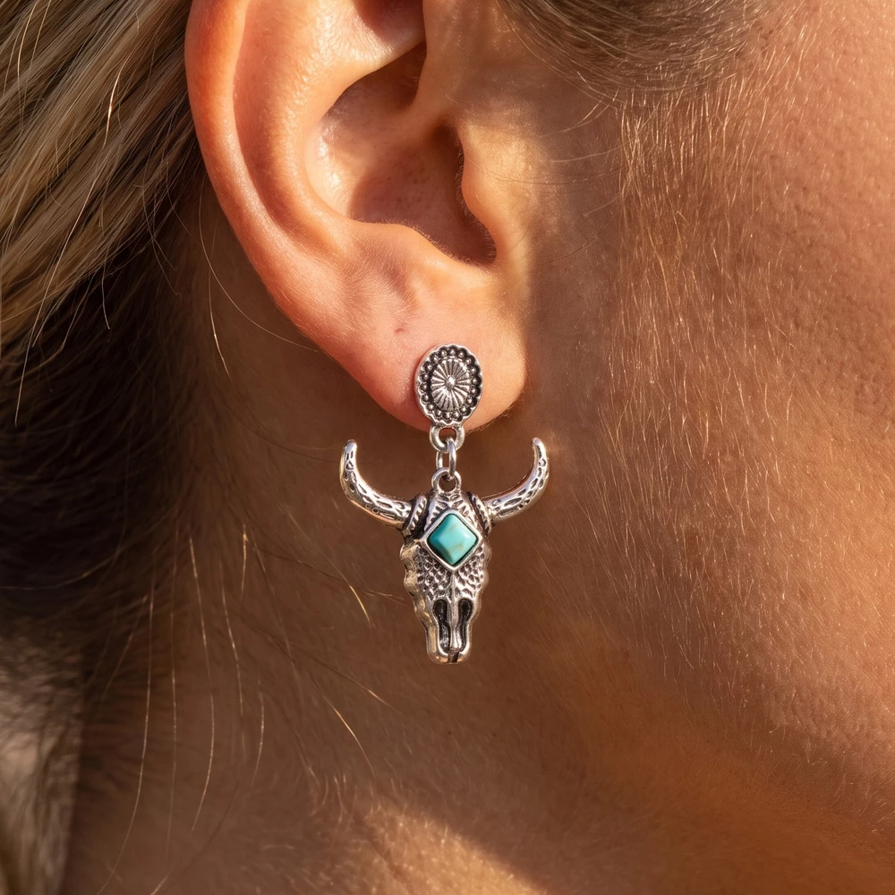 Turquoise Diamond Steer Skull Earrings
