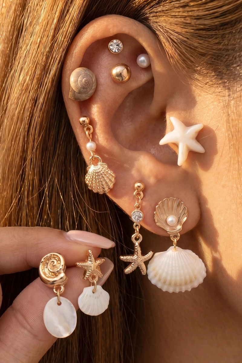 Starfish And Shell Drop Multi Pair Earrings Set