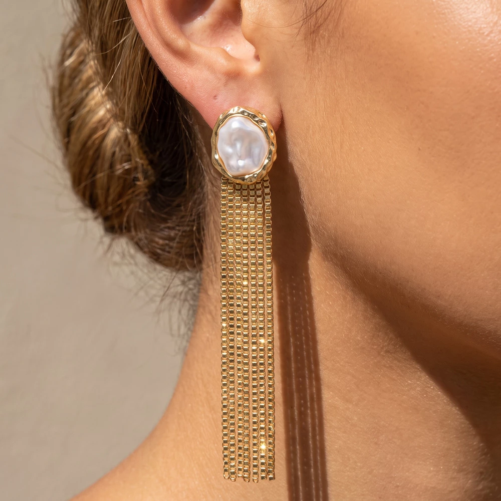Baroque Pearl Stud Earrings With Chain Tassel