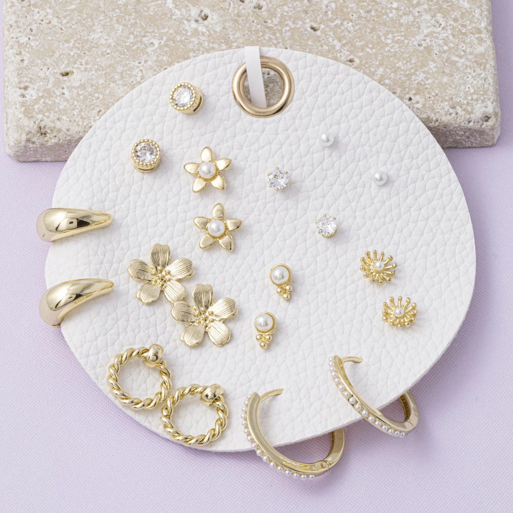 Flower And Pearl Stud Earring Set Of Nine