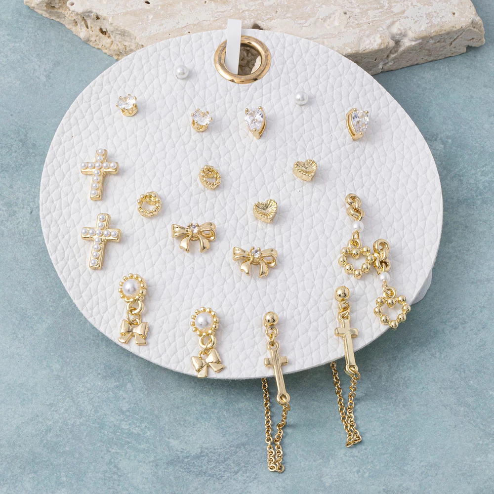 Ten Pair Bow Cross Pearl Stud Earring Set