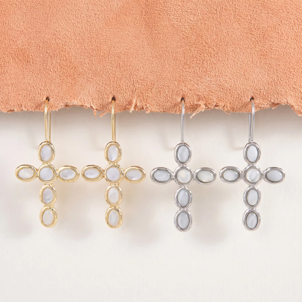 Mother Of Pearl Cross Drop Earrings