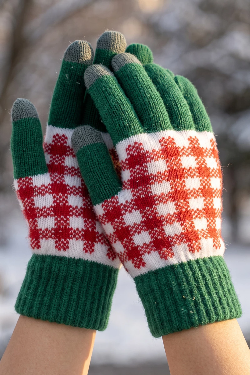 Gingham Check Touchscreen Knit Gloves