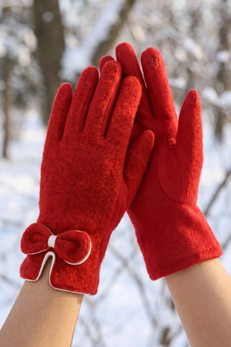 Boucle Knit Piped Bow Touchscreen Gloves
