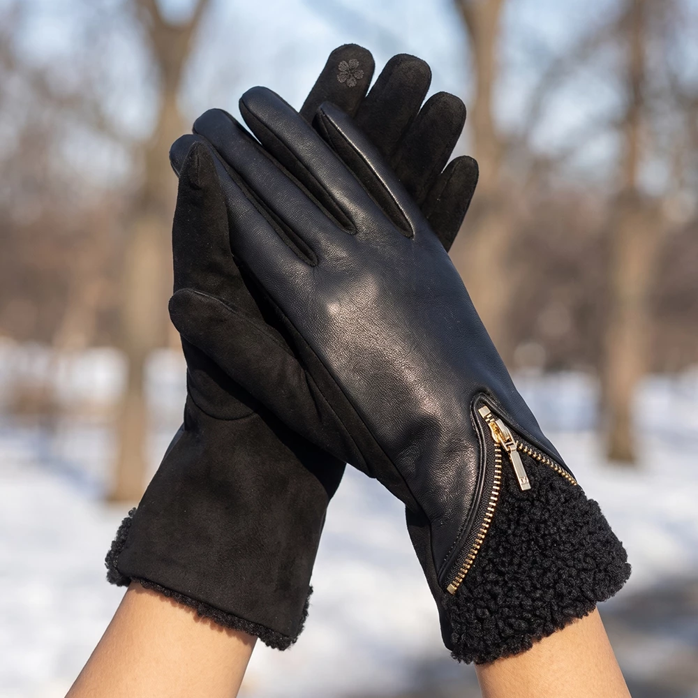 Zipper Cuff Sherpa Trim Touchscreen Gloves