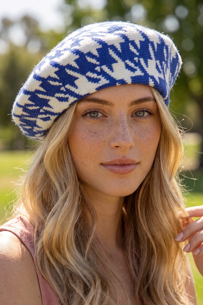 Houndstooth Knit Beret Hat