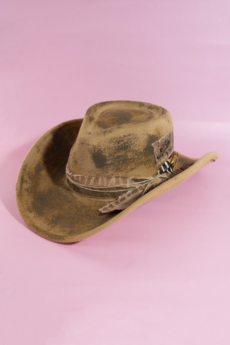 Vintage Strap And Safety Pin Patched Western Cowboy Hat
