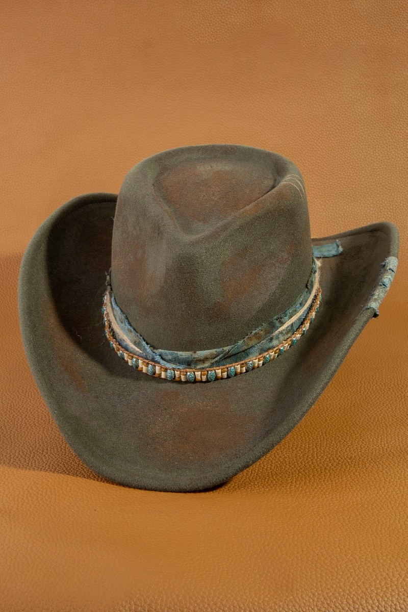 Fabric Beaded Distressed Western Cowboy Hat