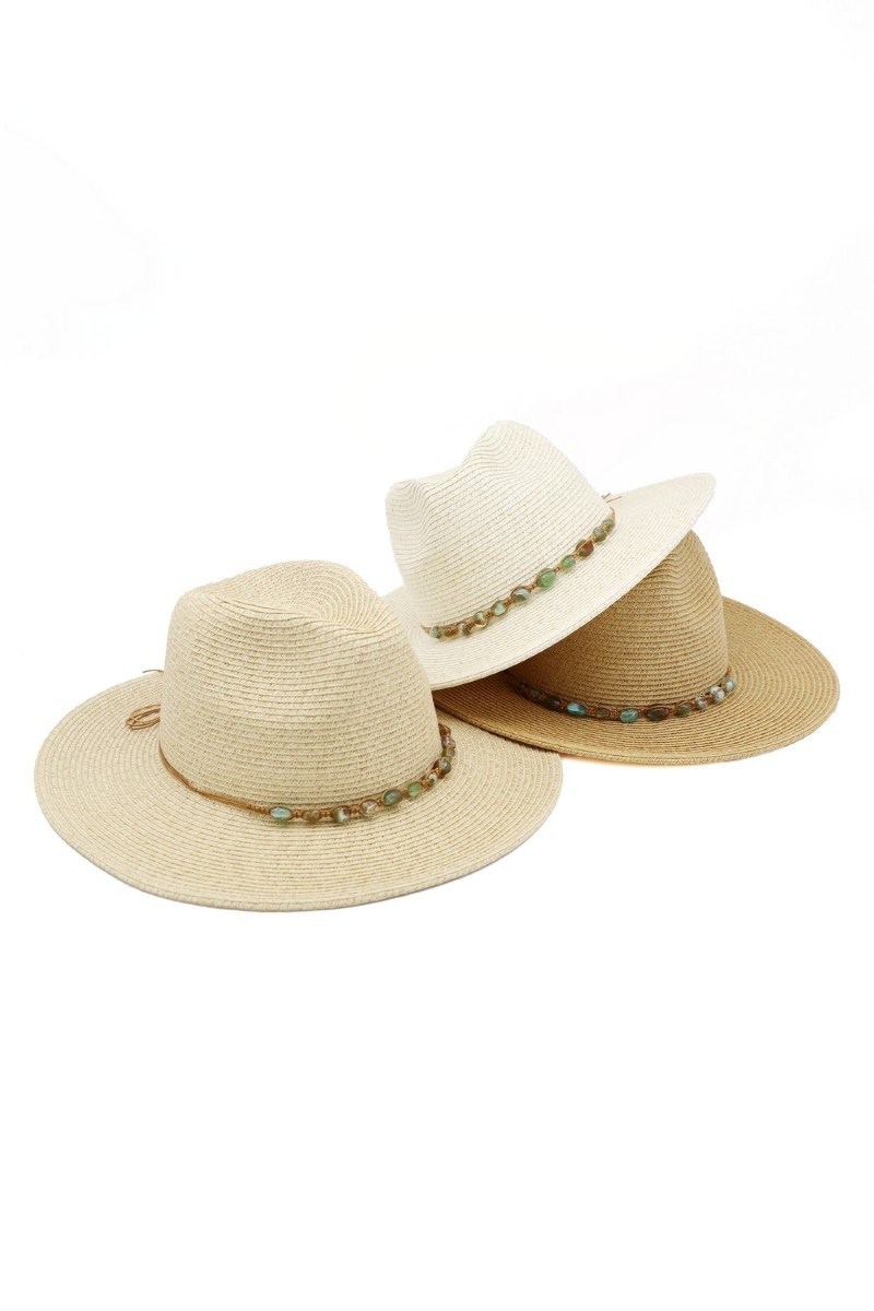 Braided Stone Strap Straw Fedora Hat