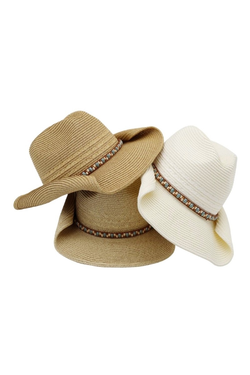 Multi Color Bead Strap Straw Western Cowboy Hat